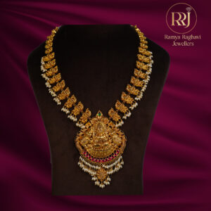 Devatha Long Gold Haaram with Peacock Design, Pearl and Green Red Stones